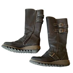 Fly London US 6.5-7 / EU 37 Solv Black Leather Mid Calf Wedge Boot Buckle Riding